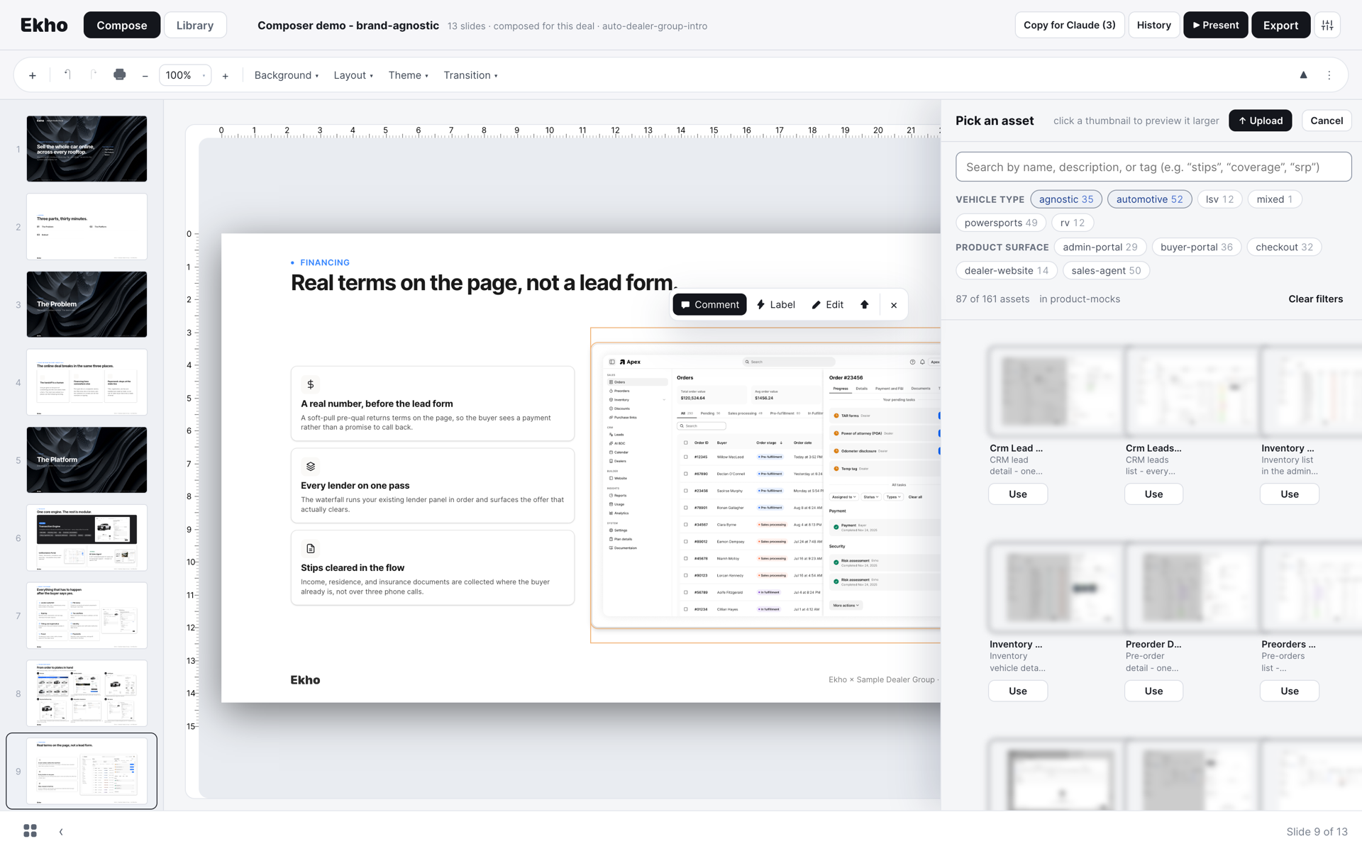 The searchable image asset library in the deck composer, pre-filtered to automotive and vehicle-agnostic product mocks