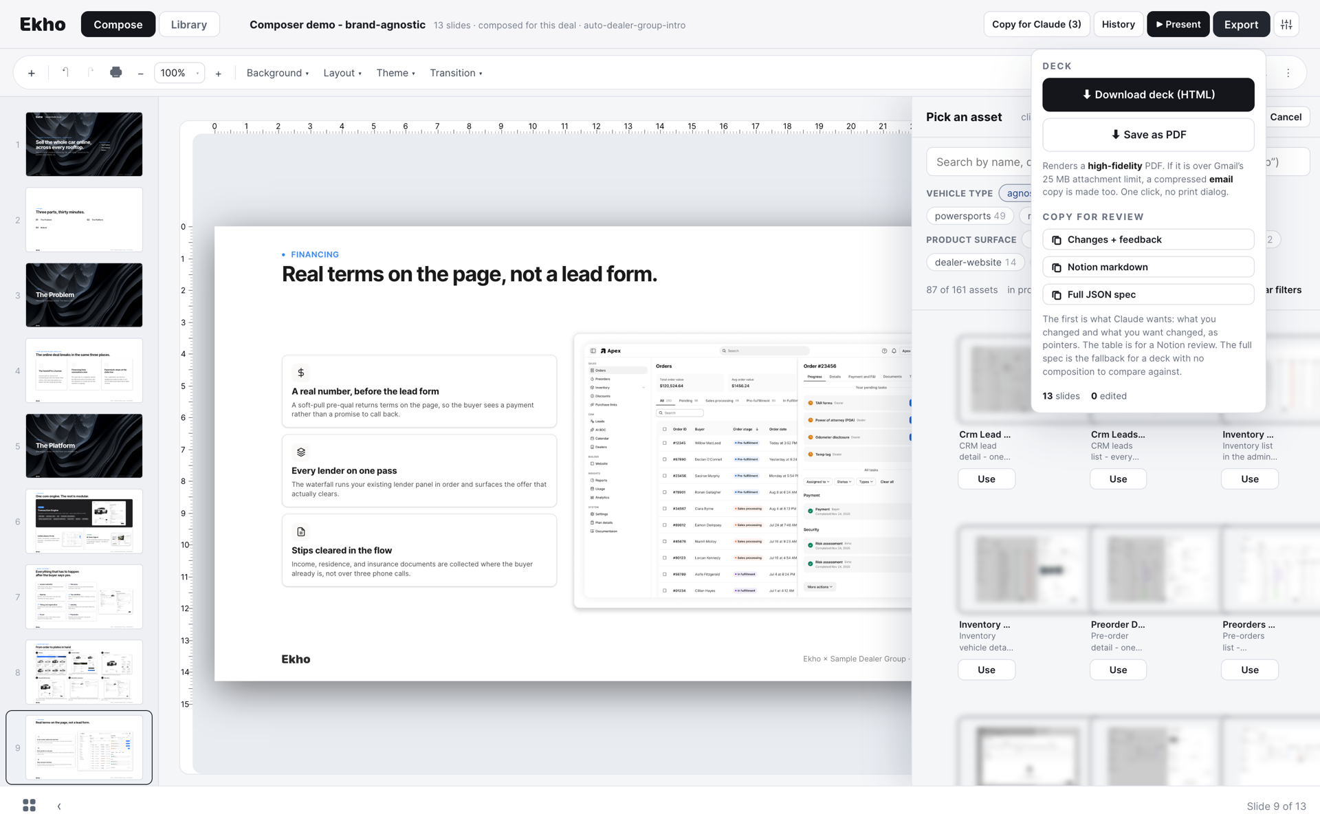 The export menu in the deck composer, offering an HTML download, a PDF, and copy-for-review options