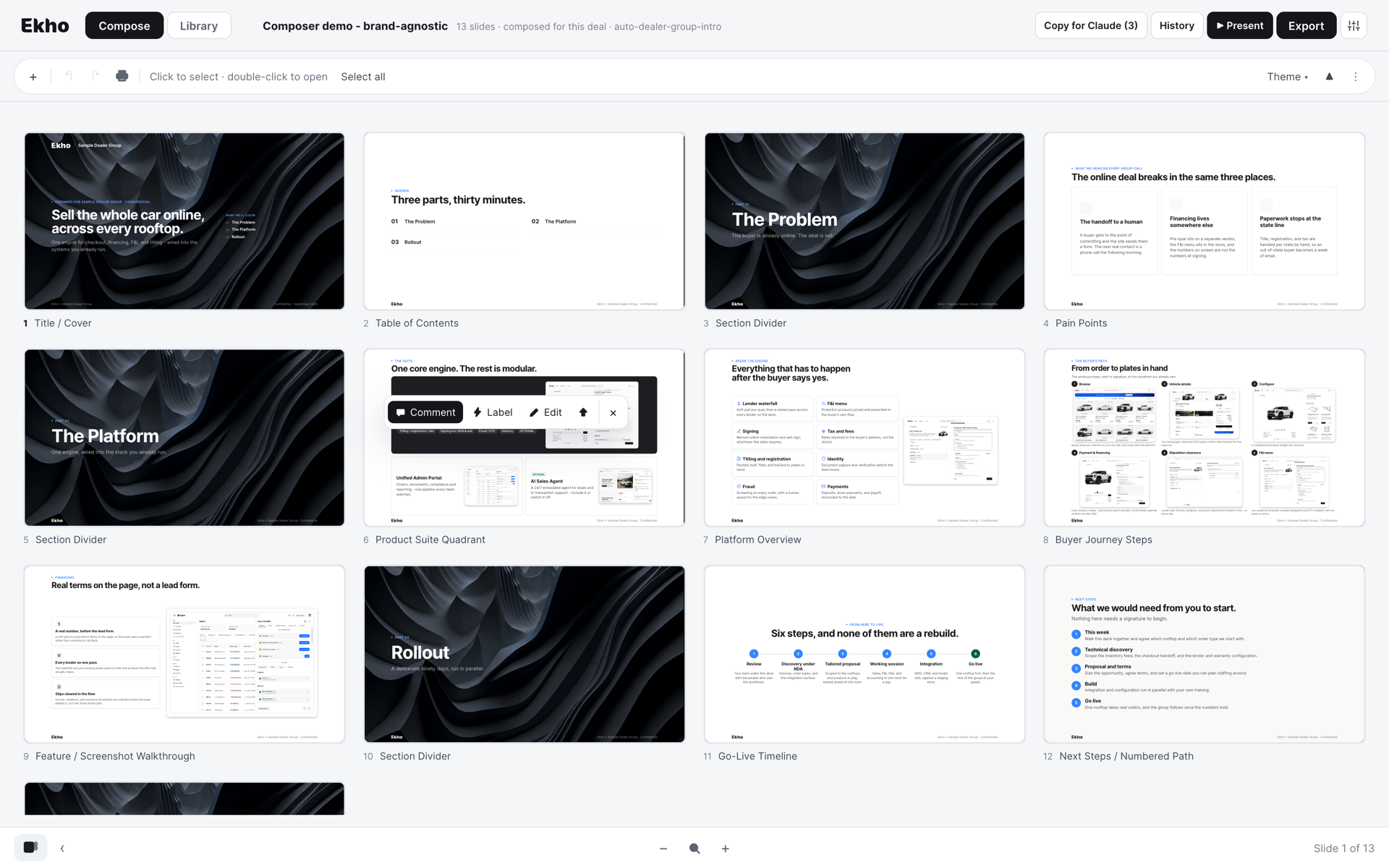 Grid view of a 13-slide deck in the composer, showing every slide at once