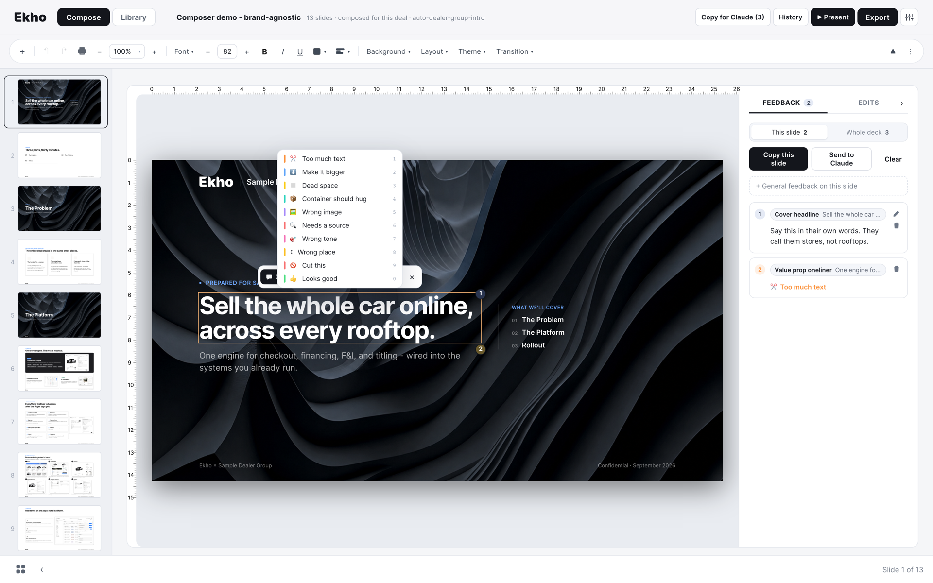 The label picker open over a selected headline, showing ten preset review labels each with a digit shortcut