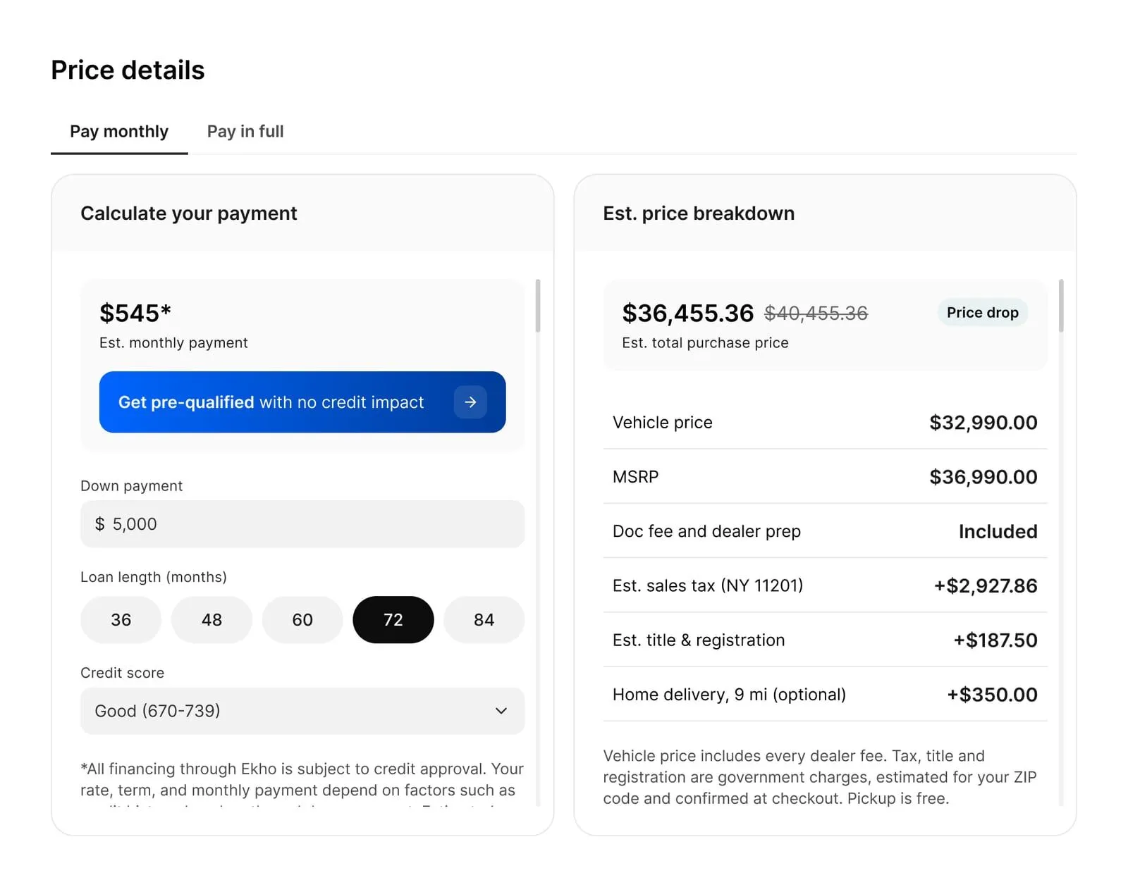 Price details panel on an Ekho vehicle page: the vehicle price with dealer fees included, sales tax and title and registration itemized as government charges, optional delivery, and one estimated total.