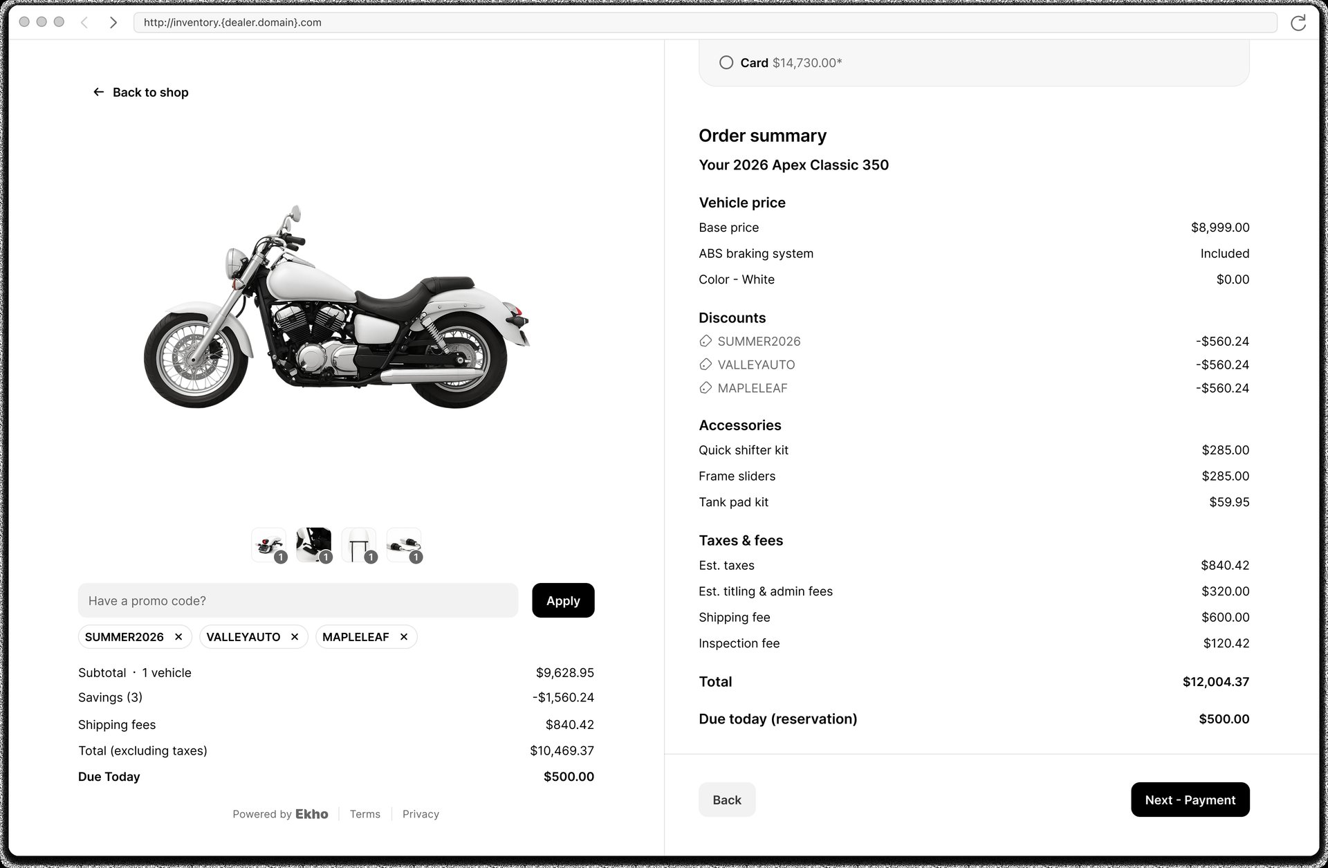 Ekho checkout order summary itemizing vehicle price, discounts, accessories, taxes and fees before the buyer signs.