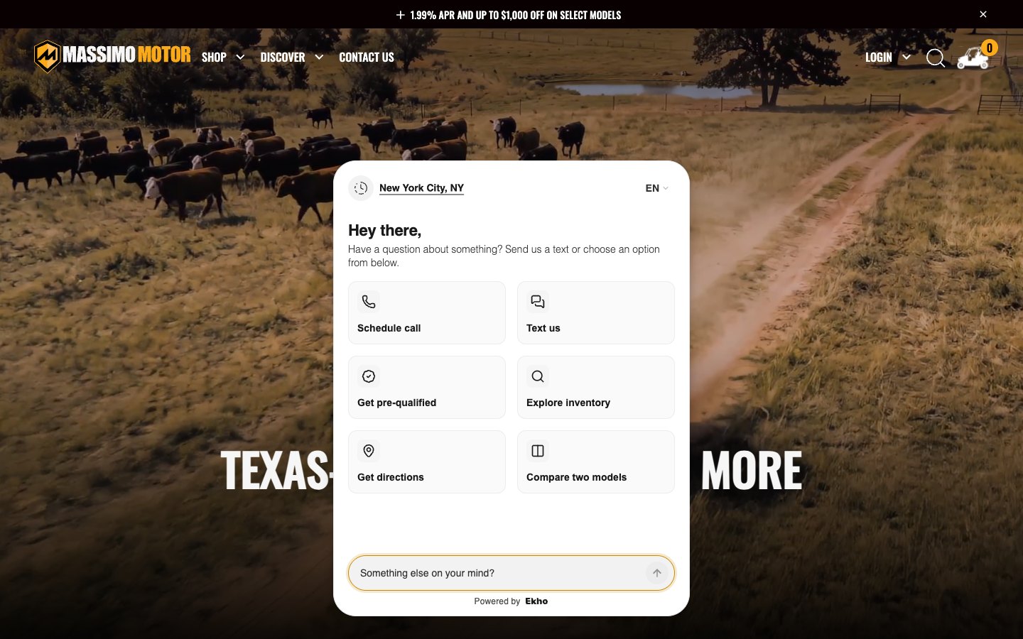Massimo&rsquo;s homepage with the Ekho AI Sales Agent open, showing one-tap actions