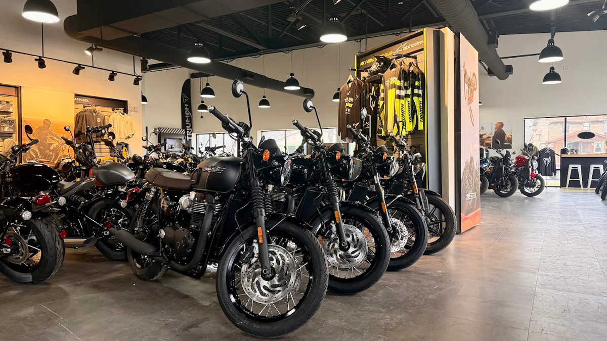 Triumph motorcycles, apparel and gear on the floor of the Triumph Cleveland showroom