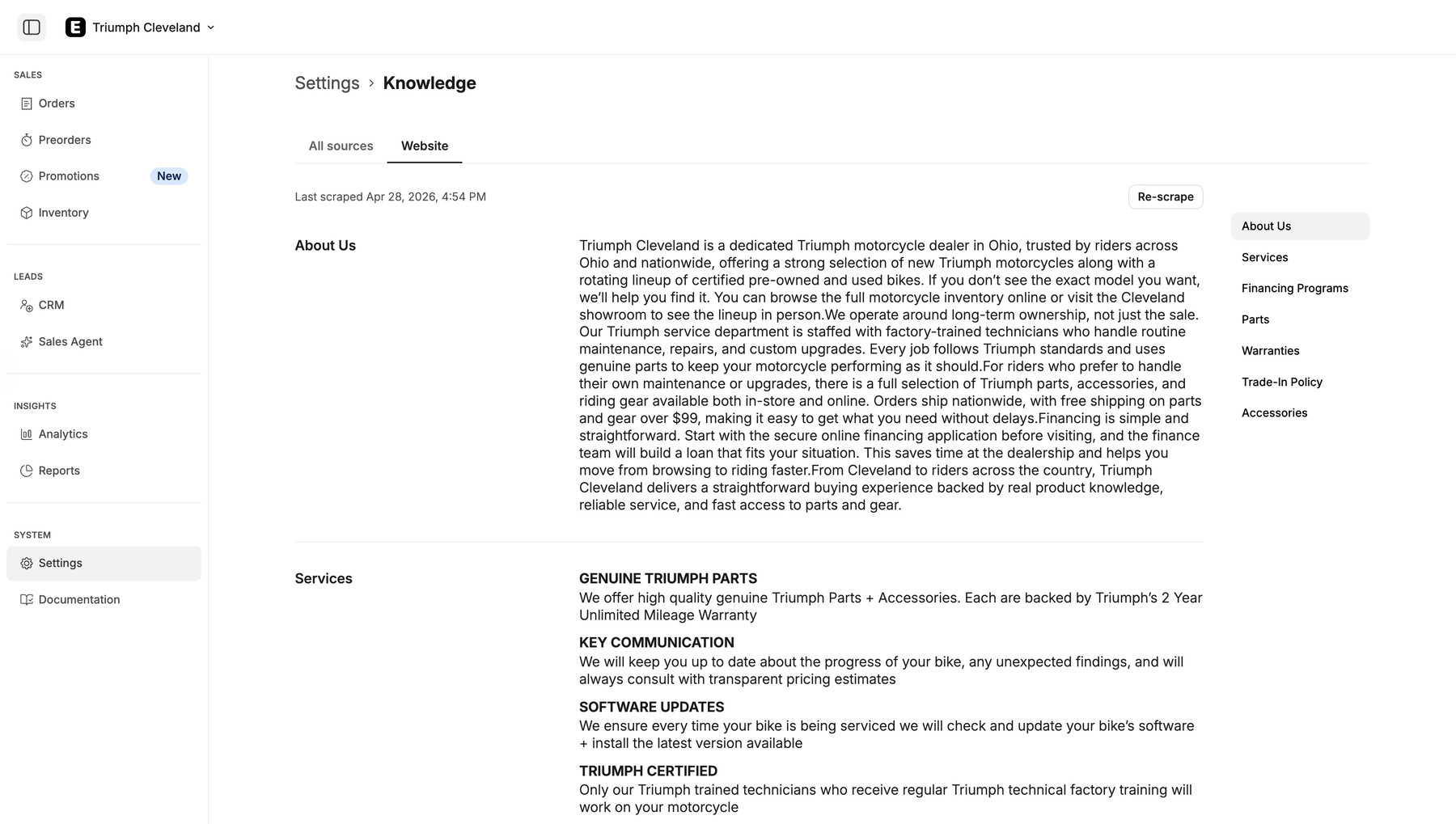 The Ekho knowledge hub website tab showing Triumph Cleveland's own published about, service, parts and financing content