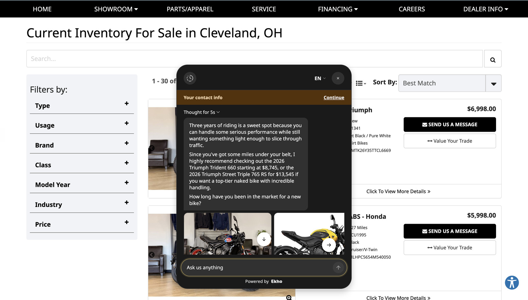 Ekho's AI Sales Agent recommending specific Triumph models with prices on Triumph Cleveland's inventory page