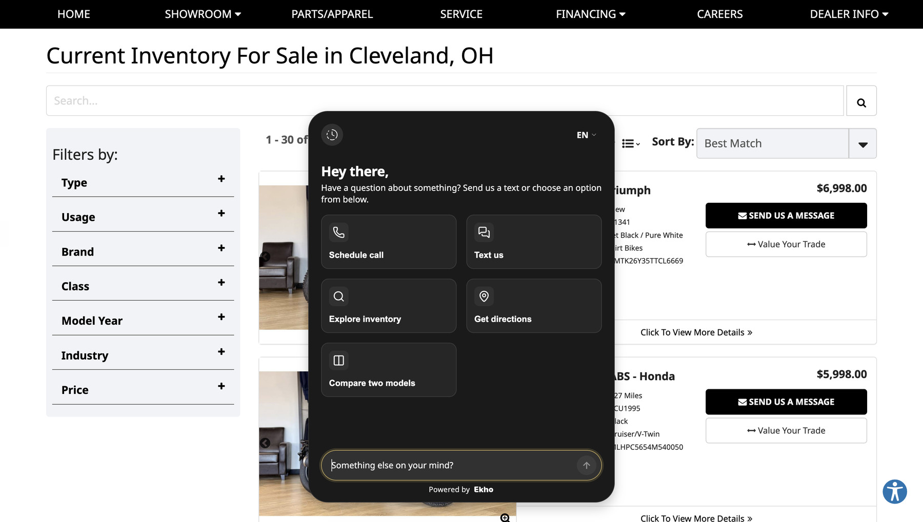 Mick, Triumph Cleveland's AI Sales Agent, greeting a visitor on the dealership website with options to schedule a call, text, explore inventory or compare models