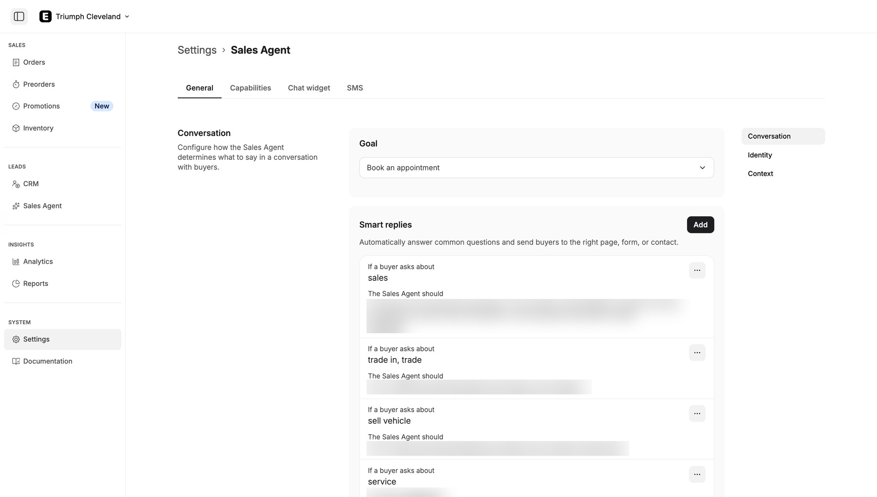Smart Replies configured in Triumph Cleveland's Ekho Sales Agent settings, with response content blurred
